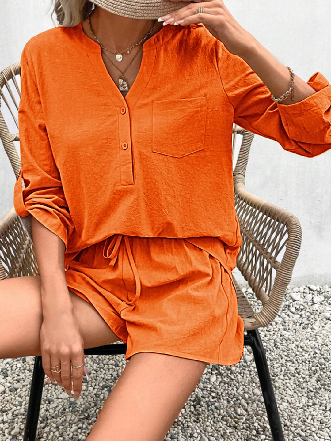 Women’s Notched Long Sleeve Top and Shorts Set