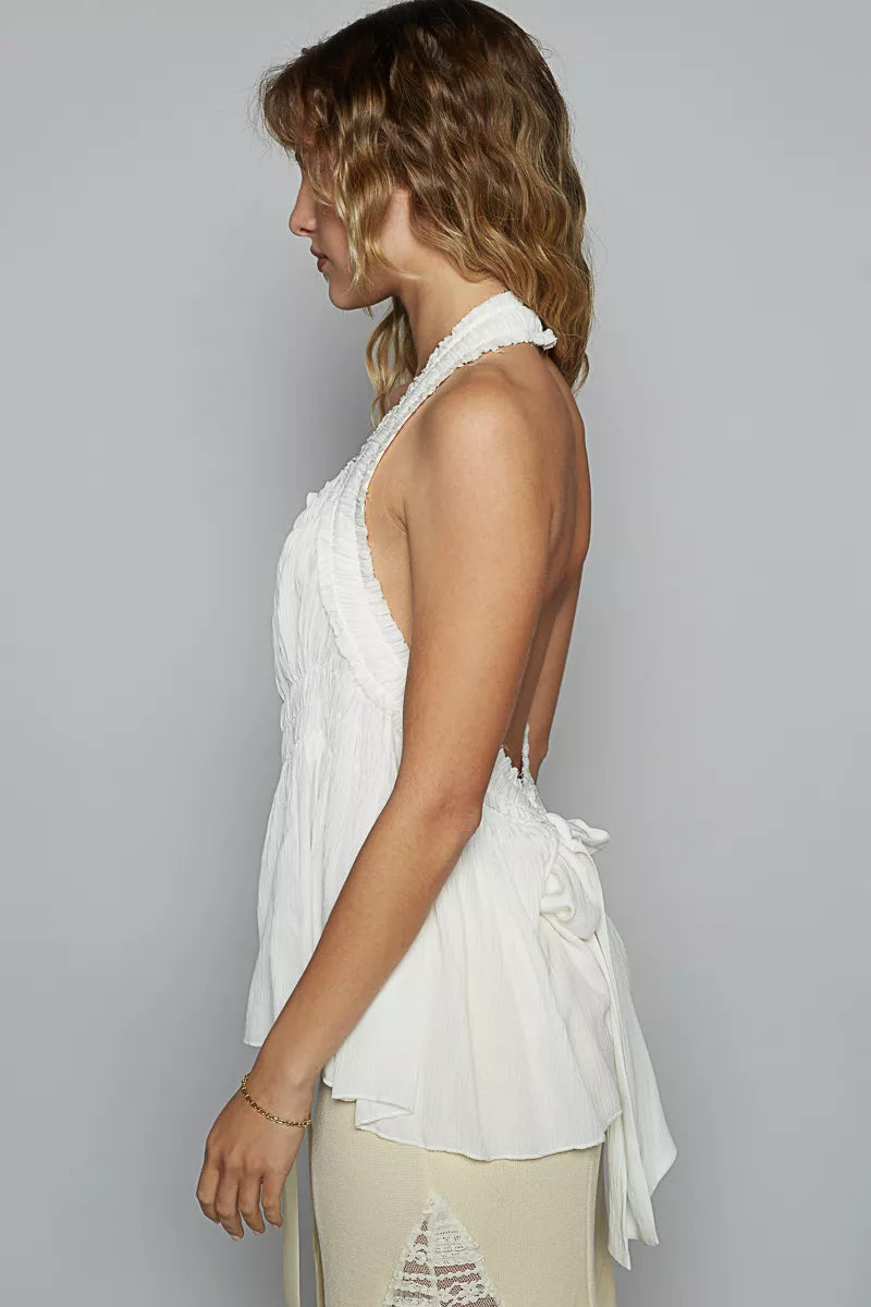Woman wearing POL Backless Halter Sleeveless Top with Smocking Shirring Detail