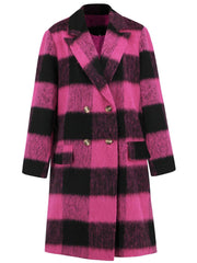 Flat lay of pink and black Plaid Double-Breasted Long Sleeve Coat featuring gold buttons and tailored lapel, made from soft polyester.
