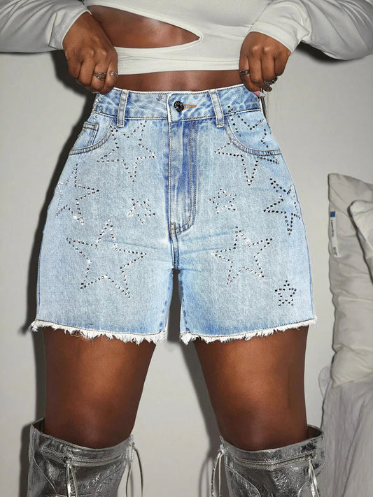 Star Raw Hem Denim Shorts with star pattern and frayed edges, perfect for a sporty and edgy style.