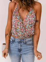 Front close-up of Floral Surplice Cami Tops & Tees GirlSavvi showing surplice neckline and elastic hem, styled for summer fashion.