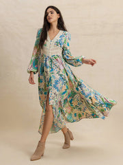 Effortlessly Chic Slit Printed V-Neck Long Sleeve Midi Dress with floral patterns, flowing hem, and neutral ankle boots in motion.
