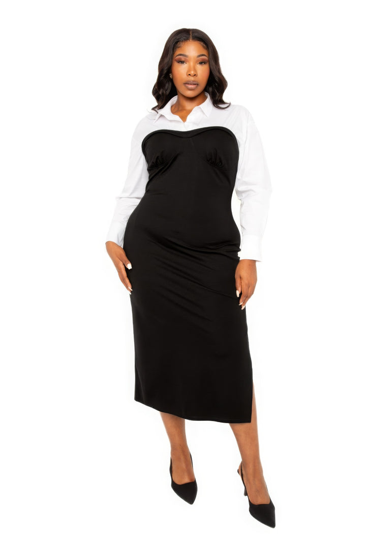 Women’s Collared Shirt Bodycon Midi Dress With Side Slit