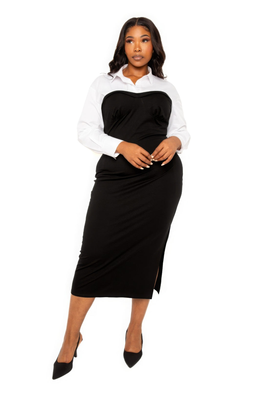 Women’s Collared Shirt Bodycon Midi Dress With Side Slit