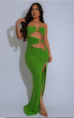 Asymmetric Dragon Design Strapless Dress GirlSavvi in leaf green with cut-out front, gold ring accents, and thigh-high slit, perfect for bold fashion.