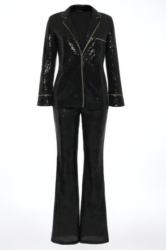 Sequin Collared Two Piece Set with tailored top and straight-leg pants for a glamorous look.