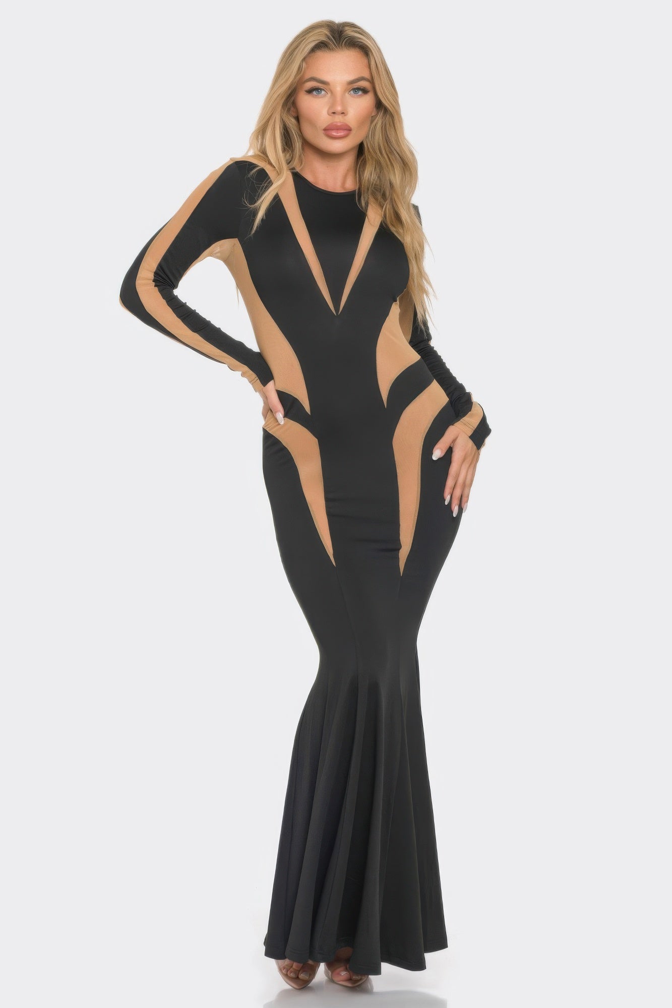 Mesh Cut Out Detail Maxi Dress with long sleeves and mesh inserts in a sleek silhouette, perfect for evening glamour.