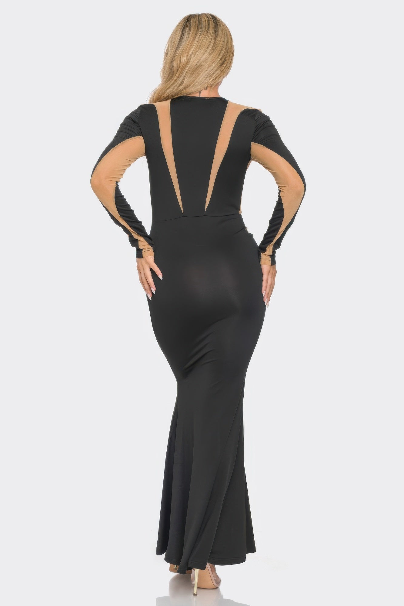 Back view of Mesh Cut Out Detail Maxi Dress with mesh inserts and long sleeves, showcasing a sleek silhouette and modern design.
