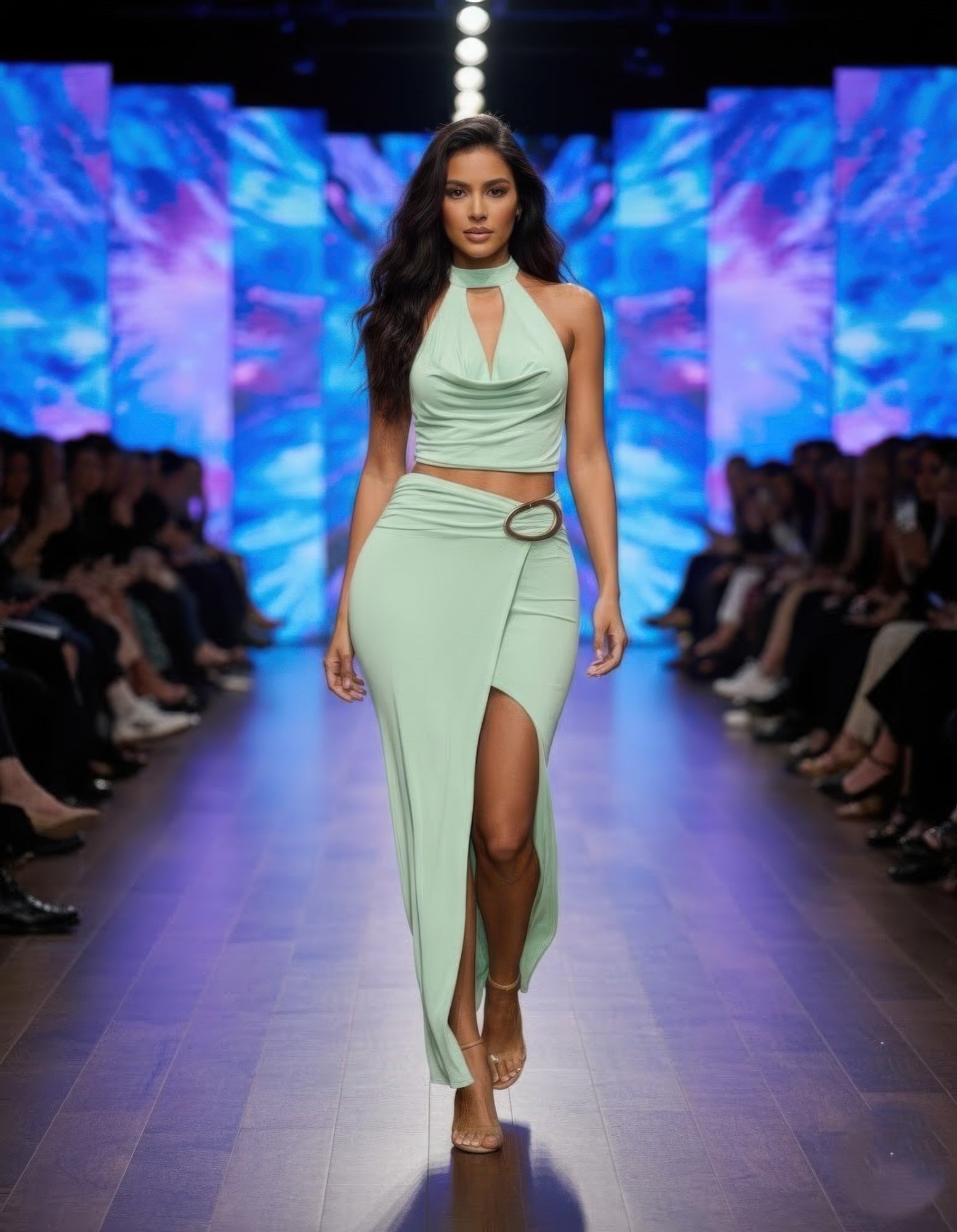 Model wearing Halter Cowl Oval Ring Skirt Set on runway with a vibrant background.