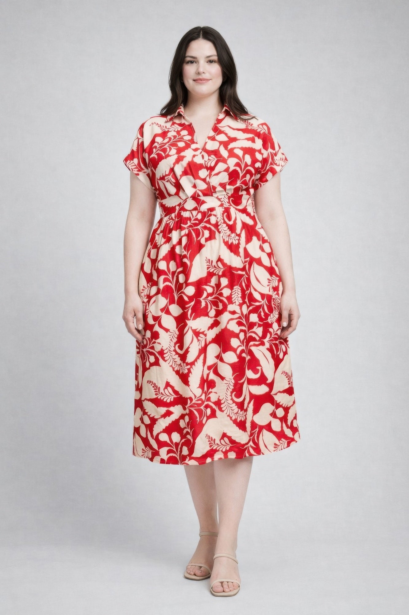 Floral Print Wrap Tie Midi Dress displayed on a model, featuring a red and cream floral pattern with a wrap design.