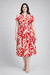 Floral Print Wrap Tie Midi Dress displayed on a model, featuring a red and cream floral pattern with a wrap design.