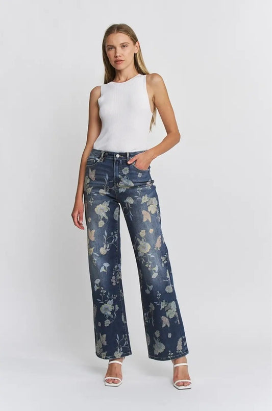 Floral High-Rise Wide-Leg Jeans
