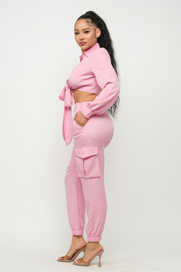 Women's Pink Open Front Tie Top And Pants Set