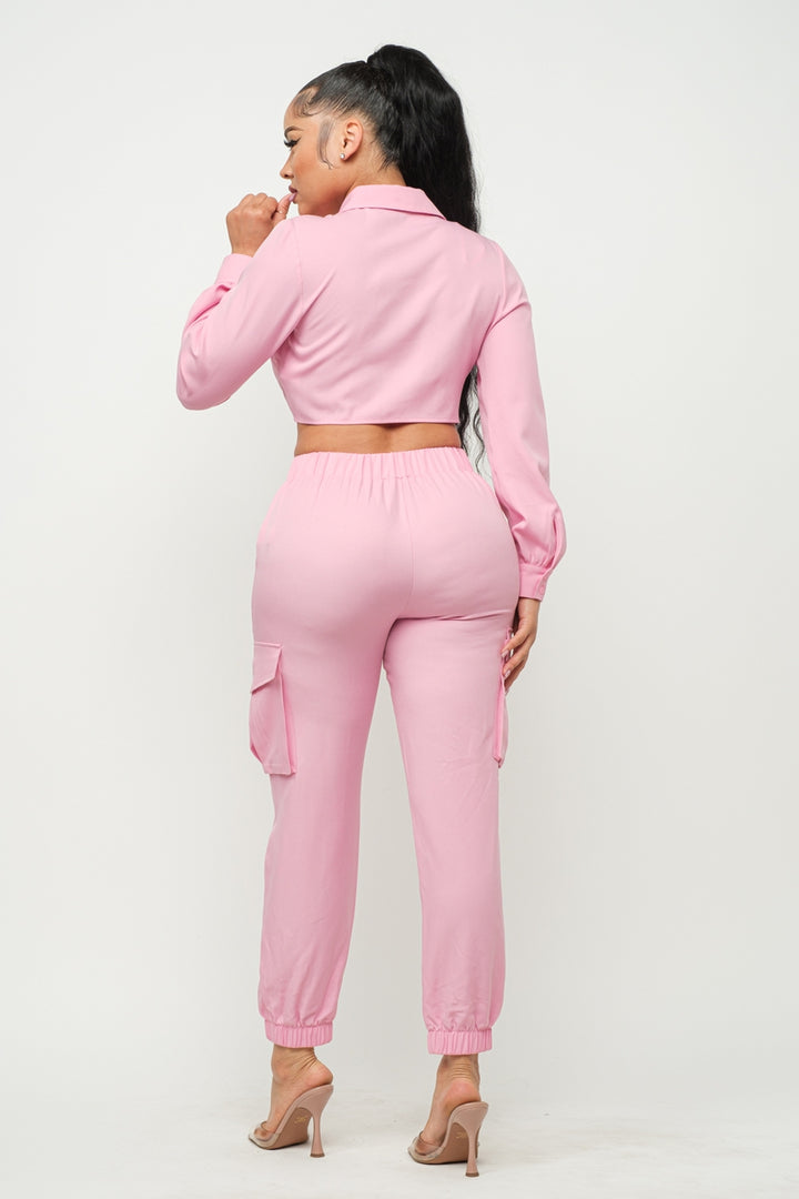 Women's Pink Open Front Tie Top And Pants Set