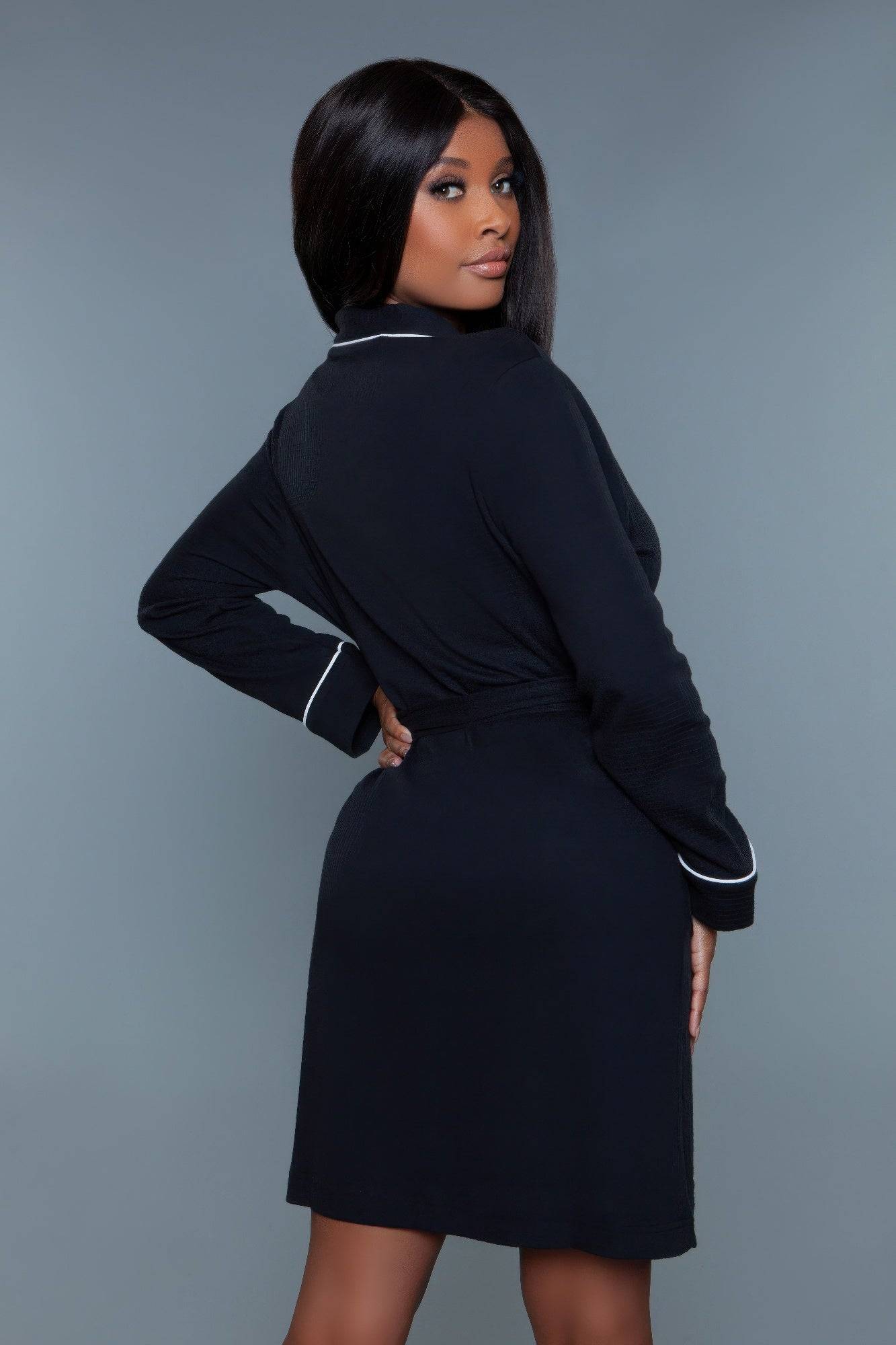 Back view of black Waffle Robe Queen showing tailored fit and textured waffle weave. Comfortable cotton-polyester blend for everyday lounging.