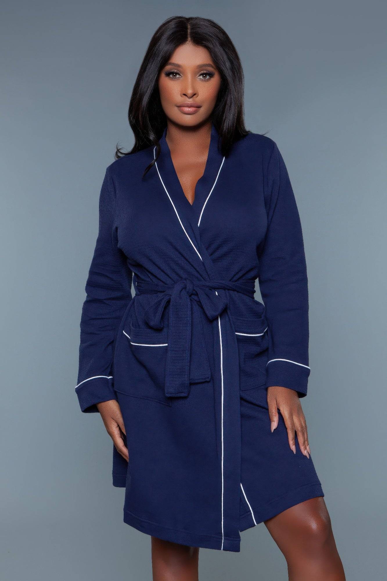 Navy blue Waffle Robe Queen with white trim and tie belt, made from cotton-polyester blend for soft, breathable loungewear.