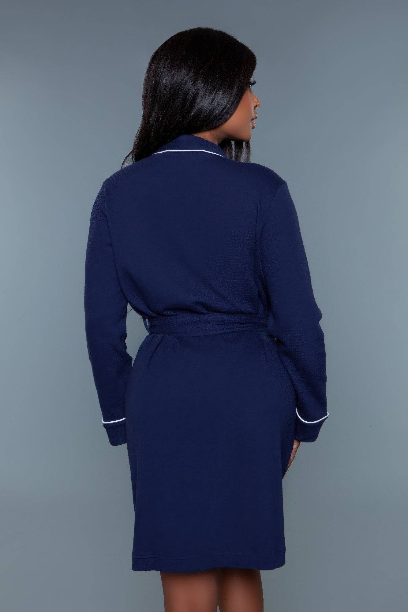 Back view of navy Waffle Robe Queen showing clean lines and soft waffle texture. Comfortable and elegant loungewear option.