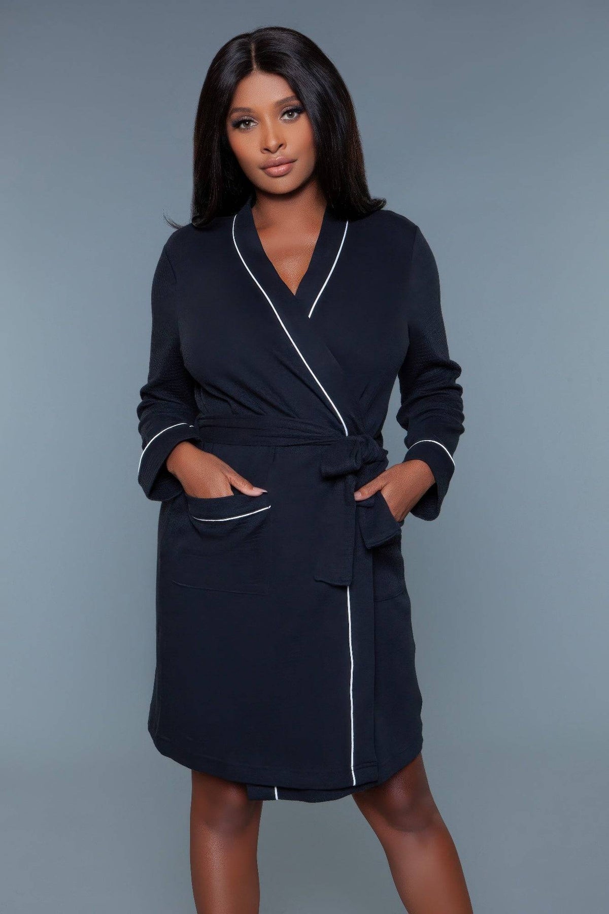 Waffle Robe Queen in black with white trim, featuring a belted waist and front pockets. Soft cotton-polyester blend for cozy loungewear comfort.