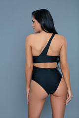 Rear view of Kennedy Swimsuit in black, featuring a high-cut leg and one-shoulder strap for a modern and flattering swimwear fit.