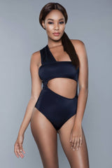 Kennedy Swimsuit in black with asymmetrical one-shoulder design and front cutout, offering stylish swimwear comfort and versatility.