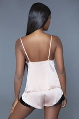 Back view of Natalie Satin Set GirlSavvi highlights adjustable straps and smooth satin finish, designed for elegant and cozy loungewear appeal.