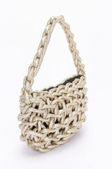 Gold Metallic String Handmade Tote Bag featuring a braided handle and open-weave texture, ideal for chic handbag lovers.