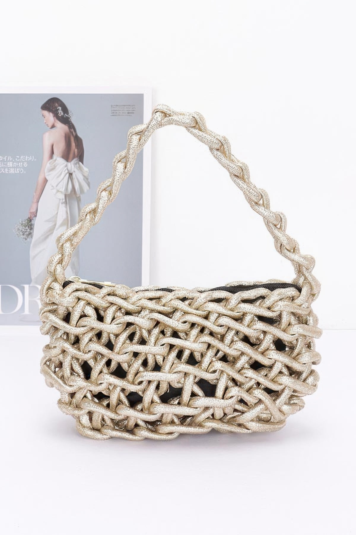Metallic String Tote Bag - Handmade & Stylish in gold with intricate woven design, perfect for fashion-forward accessories collections.