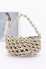 Metallic String Tote Bag - Handmade & Stylish in gold with intricate woven design, perfect for fashion-forward accessories collections.
