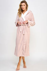 Front view of Janette Pink Robe in plush polyester with white sherpa trim, ideal for stylish and warm sleepwear layering.