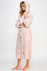 Janette Pink Robe with hood up, highlighting the sherpa-lined collar and cozy fit perfect for lounging in colder seasons.