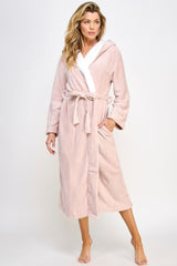Janette Pink Robe with sherpa lining, featuring a belted waist and hood for cozy fall and winter loungewear comfort and style.