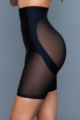 Side view of black High Waisted Tummy Control Boyshorts highlighting contouring design and breathable mesh for enhanced shaping.