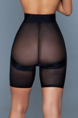 Back view of black Suit Your Waist Boyshorts featuring sheer mesh and high-rise waistband for smoothing and support.