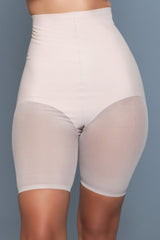 High Waisted Tummy Control Boyshorts in nude with mesh panels, offering breathable support and a seamless fit under light clothing.