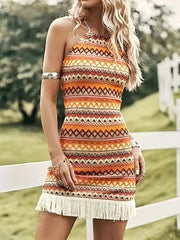 Stylish Plus Size Full Fringe Grecian Neck Mini Dress featuring colorful zigzag print and fringe hem, perfect for casual and festival wear.