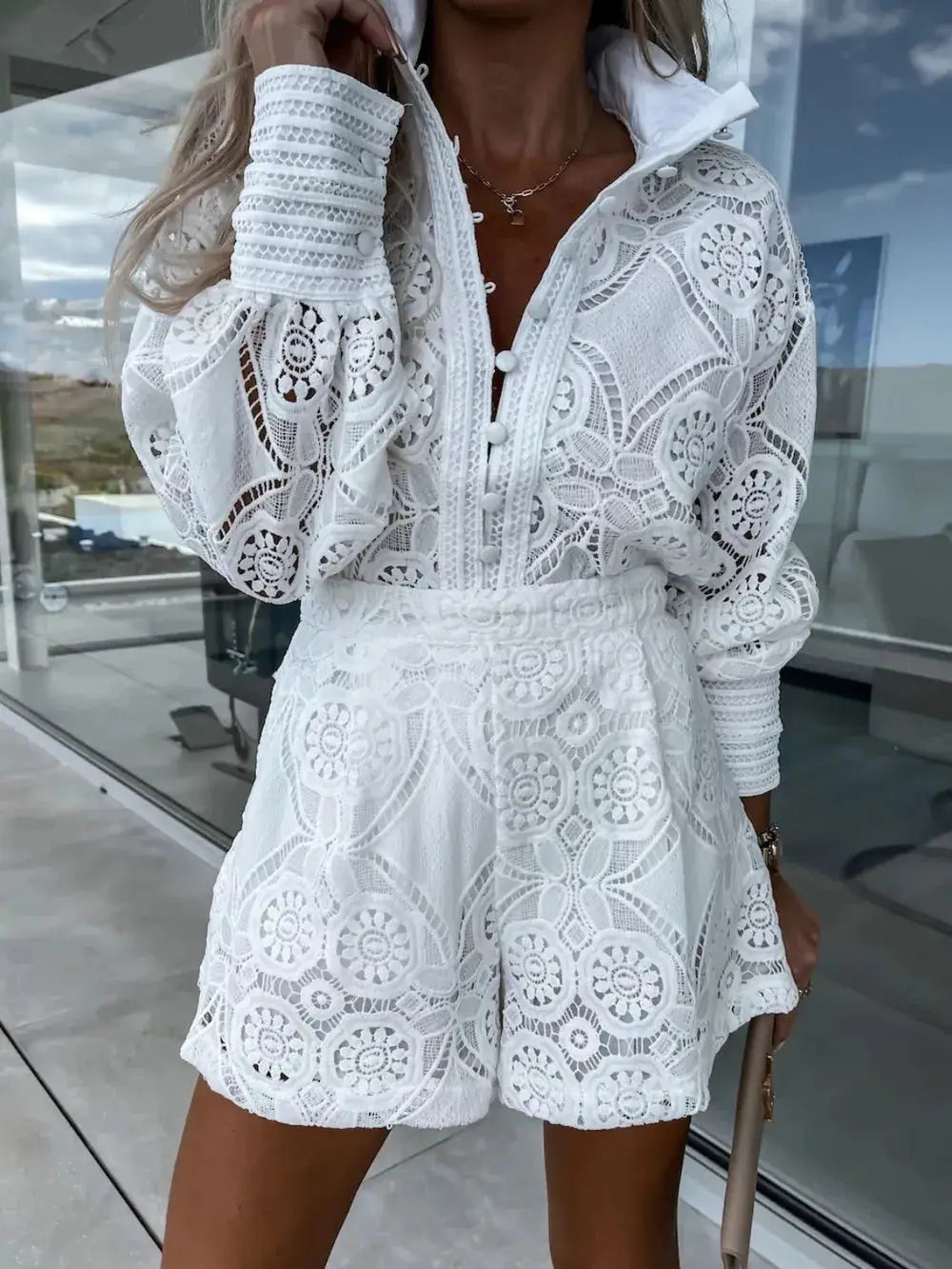 Lace Button Detail Long Sleeve Top and Shorts Set GirlSavvi in white with intricate floral lace, ideal for feminine summer style in warm weather.