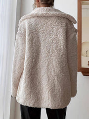 Back view of Fuzzy Open Front Long Sleeve Coat showcasing plush sherpa texture and relaxed fit in outerwear fashion category.
