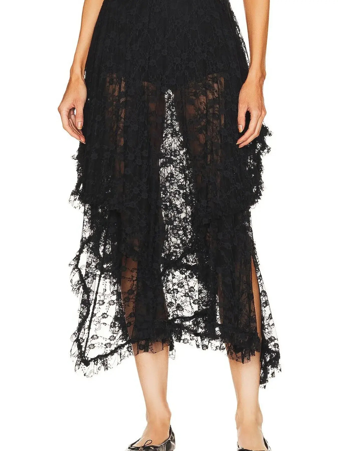 Asymmetrical lace midi skirt with sheer detailing and partial lining, perfect for chic evening wear.