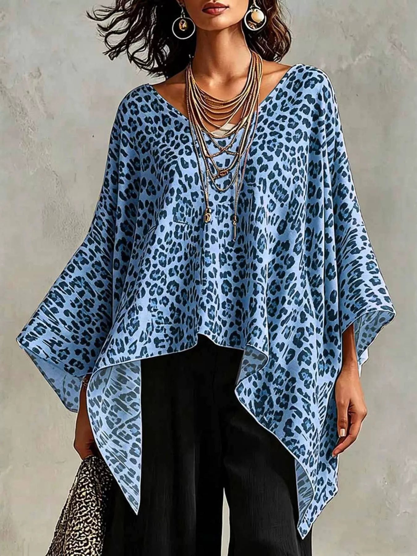 Asymmetrical Leopard Print Top Plus Size in blue with flowing design, perfect for stylish comfort and casual wear.