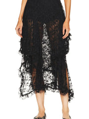 Asymmetrical lace midi skirt with sheer detailing and partial lining, perfect for chic evening wear.