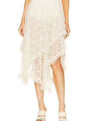 Asymmetrical lace midi skirt with sheer detailing and partial lining, offering a flattering silhouette and modern chic style.