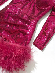 Sequin Feather Trim Mini Dress featuring a vibrant pink sequin body and a fluffy feather trim at the hem.