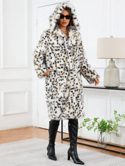 Leopard faux fur hooded coat with hood up, showcasing cozy thermal design ideal for cold weather outerwear in apparel accessories.