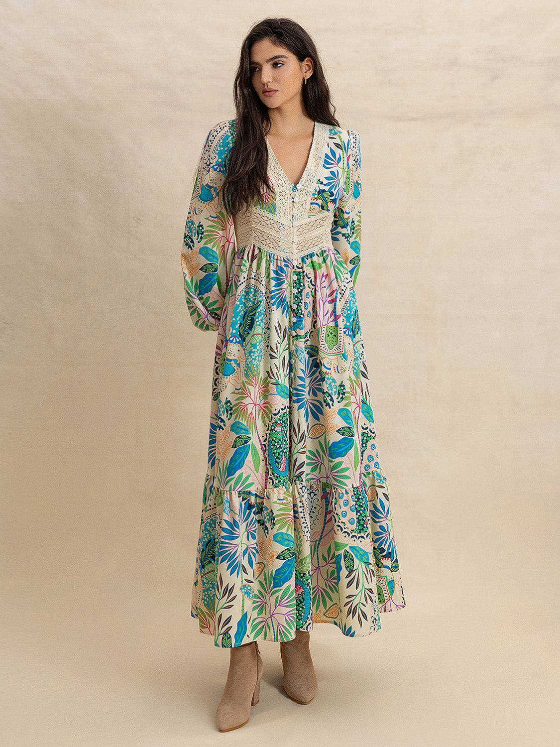 Effortlessly Chic Slit Printed V-Neck Long Sleeve Midi Dress displayed front-facing, featuring a flattering silhouette and bohemian print.
