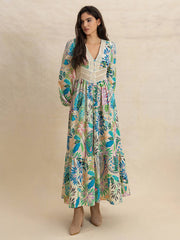 Effortlessly Chic Slit Printed V-Neck Long Sleeve Midi Dress displayed front-facing, featuring a flattering silhouette and bohemian print.