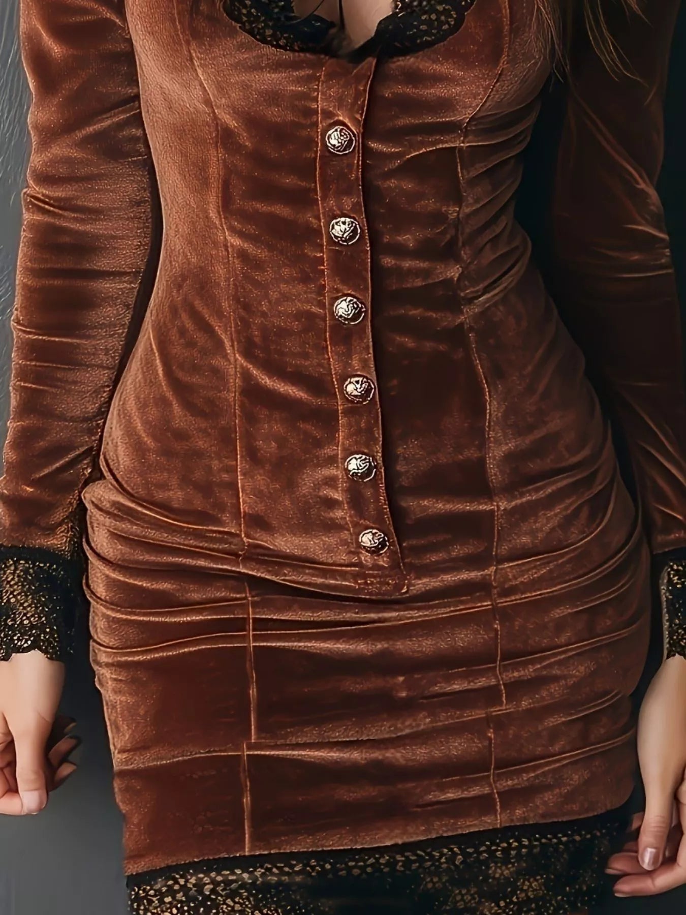 Velvet Lace Trim Bodycon Dress with button-front design showcasing lace-trim neckline and cuffs for a refined, edgy style.