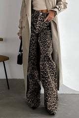 Full outfit featuring Leopard Wide Leg Pants with Pockets and a beige trench coat, ideal for bold yet comfortable streetwear style.