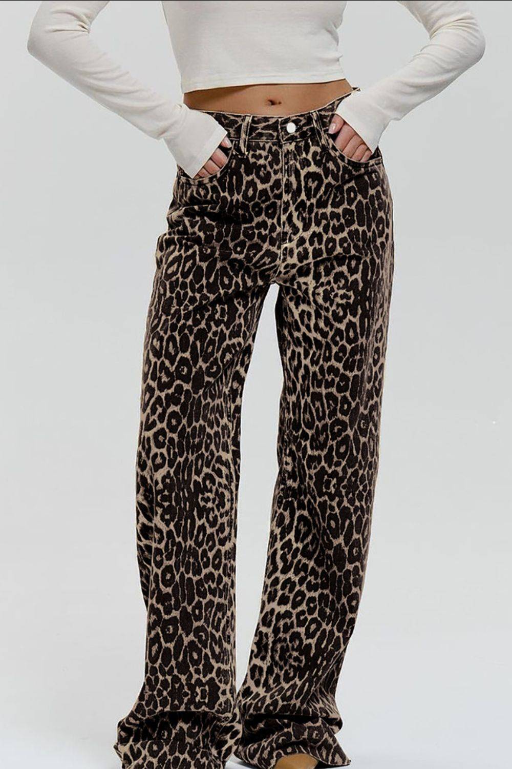 Front view of Leopard Wide Leg Pants with Pockets showcasing relaxed fit and functional front pockets in breathable cotton fabric.