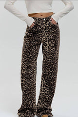 Front view of Leopard Wide Leg Pants with Pockets showcasing relaxed fit and functional front pockets in breathable cotton fabric.