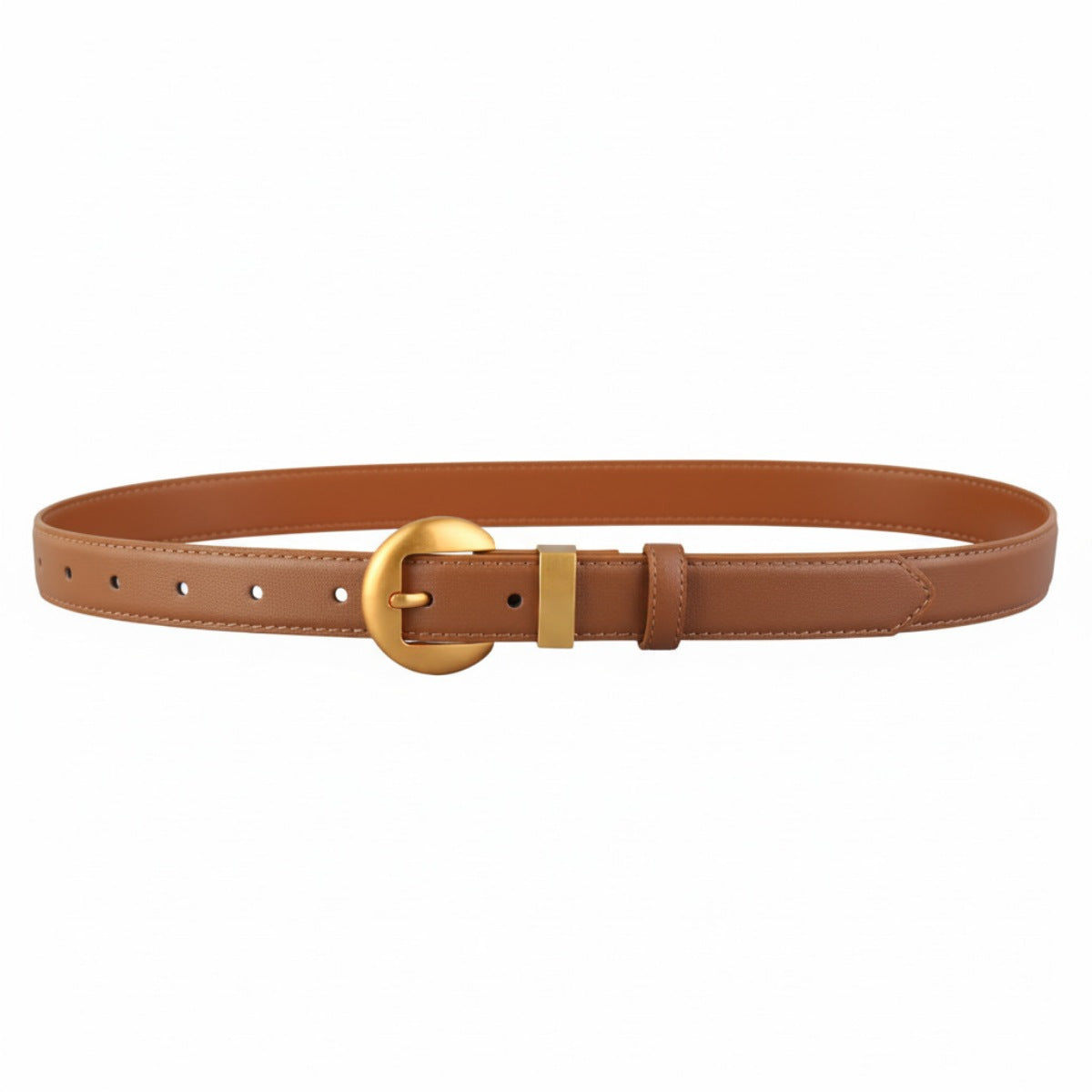 Golden Buckle Belt made from cowhide leather, shown in a sleek design with a gold buckle. Imported, one-piece cowhide leather belt.